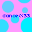 Pixelated pattern with blue circles on pink background and repeated "dance<<33" text in blue.