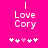Pixelated text 'I Love Cory' on bright pink background with five white and one light pink heart symbols below.