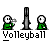 Pixel art animation of a green-shirted figure with white head performing volleyball actions under gray background, text "Volleyball" below each frame.