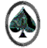 A spade symbol in teal and black with a dark gray circular border, shown in four where the border transitions from full circle to open oval to partial arc