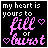 Black background with white and pink text reading 'my heart is yours to fill or burst' featuring animated heart symbols.