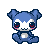 A 3x3 contact sheet of pixel art frames showing a blue and white cartoon animal character with red eyes in various expressions, seated on a gray background.