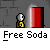 Animated pixel art of a character interacting with a red soda machine, with 'Free Soda' text below, on a gray brick background.