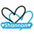 Four heart-shaped designs with interlocking black and cyan outlines, each containing a name in blue text on a cyan banner.