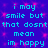 A 4-frame animated contact sheet showing a pixelated text-based icon with cyan text on purple background repeating the phrase "i may smile but that dosnt mean im happy" across all frames.