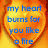 Four pixelated display text on distinct backgrounds: a heart-shaped fire, blue water with raindrops, a sunset sky, and a blank gray space