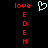 Red text 'love' and vertical 'EDEH' on black background with light blue pixelated heart symbol in center.