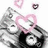 Two grayscale anime-style characters with white hair and black clothing hold a large pink heart-shaped frame against a white background.