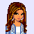 Pixel art of a female character with long brown hair wearing a light blue jacket over white shirt and dark blue jeans, shown in multiple views including full-body, torso, legs, and head.