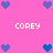 Pixelated pink background with blue and purple hearts arranged in a pattern, featuring repeated white text 'COREY' at four positions