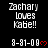Pixelated text displays 'Zachary loves Kabe!!' with '8-81-00' and red heart symbols on a black background, with a gray rectangle in the bottom-right corner.