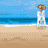Animated beach scene with a character in brown skin tone performing actions while holding a white ball, against blue water and sandy shore background.