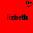 Red background with black pixelated text 'lizbeth' repeated twice and a heart symbol above the left instance.