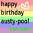 Rainbow striped background with black text reading 'happy birthday austy-pool!' and green 'from eden!', white heart symbol, static image.