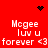 Red background with white text reading "Mcgee luv u forever <3" repeated twice, black pixelated heart and starburst symbols at top corners, black dot cluster in center.