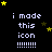 Pixel art of repeated text 'i made this icon' with yellow stars on black background, some frames show additional exclamation marks
