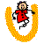 Four pixelated frames of a stick figure in red clothing inside a golden horseshoe, showing sequential movement from left to right.