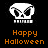 Pixelated white skull with crossed bones above orange 'Happy Halloween' text on black background.