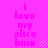 Pixelated text on bright pink background reads 'i love my alice bmx' with a small heart symbol to the right.