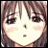 Pixelated anime-style face with brown hair and closed eyes, next to stylized text on black background.