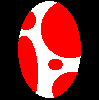 Red and white spotted egg-shaped object with black cracks, transitioning to a broken state revealing a small character.