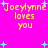 Pixelated text 'Joeyllynn loves you' in yellow on bright pink background with cyan starbursts, repeated four times in a