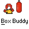Animated contact sheet showing 8 frames of a pixel art boxing icon with red punching bag and yellow character, each frame labeled "Box Buddy" text below.