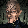 identical bald figures with cracked skin, blue eyes, and dark high-collared clothing against a patterned background