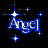 Four variations of the word 'Angel' in blue pixelated text with white highlights, surrounded by star shapes and colored dots on a black background.