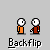 Pixel art animation of two stick figures in orange and brown clothing performing sequential movements with a white ball, under the text 'Backflip' on gray background.