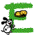 Green grassy letter E with a white dog and yellow banana in multiple animated poses.