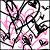 Pixelated static image of pink cherry blossoms with dark branches on a white background, framed by a thin gray border.
