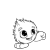 Pixelated grayscale icon of a cartoon bird with large black eyes, rounded head, and curved beak, set against a plain white background.