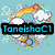 Pixelated icon with rainbow, clouds, and text 'TaneishaC1' on light blue background.