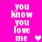 Pixelated text 'you know you love me' repeated vertically on bright pink background with white heart symbols.
