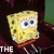 Pixelated yellow sponge character with blue eyes and green spots, wearing red shorts, positioned against dark background with text overlays.