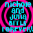 four identical pixelated icons with cyan text on black background, each featuring concentric pink circles and the phrase 'nichole and julia BFFLS forever!' in cyan block letters