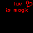 Red pixelated text 'luv is magic' with a heart symbol replacing the 'o' in 'luv', displayed on black background.