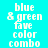 A static image displays a of blue and green color blocks with white text reading 'blue & green fave color combo' repeated across the layout