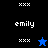 Pixelated icon with 'emily' text and star symbols on black, blue gradient, and solid blue backgrounds.