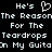 Pixelated white text on black background with a heart symbol replacing 'e' in 'He's', repeated text lines, and partial word overlaps.