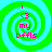 Four identical spiral patterns with green and cyan concentric rings, each containing pink text reading 'i is my bfils' in a pixelated font.