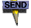 A pencil with a yellow body and black tip holds a blue rectangular label that cycles through 'SEND' and 'EMAIL' text in black capital letters.