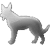Pixelated grayscale dog icon in side profile facing left, standing on four legs with tail extended and ears upright against solid gray background.