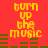 Red background with yellow text reading "turn up the music" and green audio equalizer bars, displayed in a of four identical