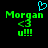 Green pixelated text 'Morgan' with '<3 u!!!' below, a cyan heart above left side on black background.