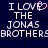 Pixelated text reads "I LOVE THE JONAS BROTHERS" with a pink heart symbol replacing the 'O' in LOVE on the left side of a dark blue background.