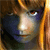 A pixelated close-up of a figure with light skin, dark hair, and a blue garment, set against a warm-toned background with vertical golden elements.