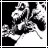 Black-and-white pixelated animation of a character with long hair holding a fortune cookie, text changes from 'I eat' to 'n00bs' across frames.