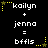 Pixelated text displays 'kailyn + jenna = bffls' with yellow star decorations on a black background, showing animation changes in star positions.